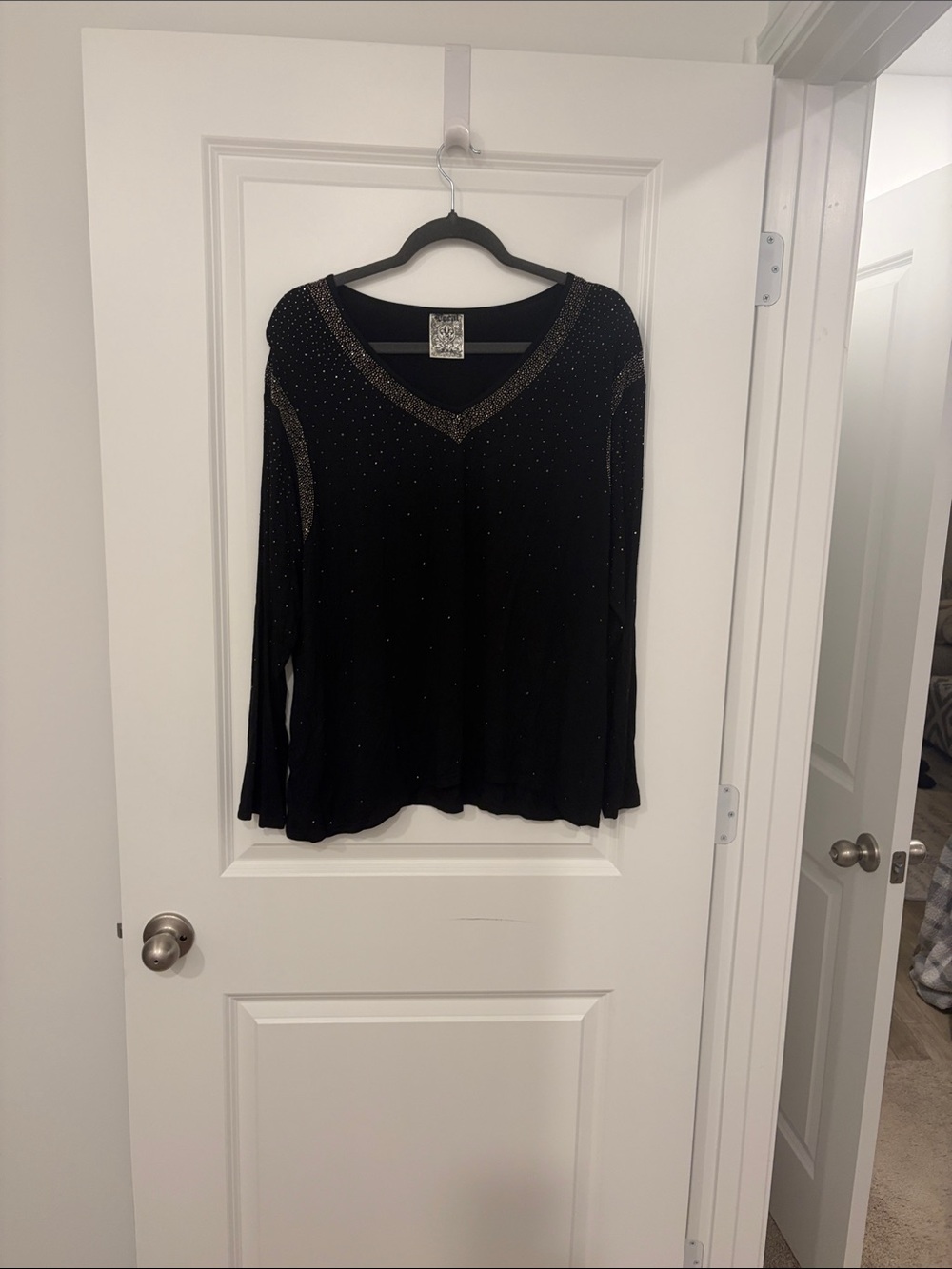 NWOT Vocal Black Long-Sleeve V-Neck Top with Gold Trim